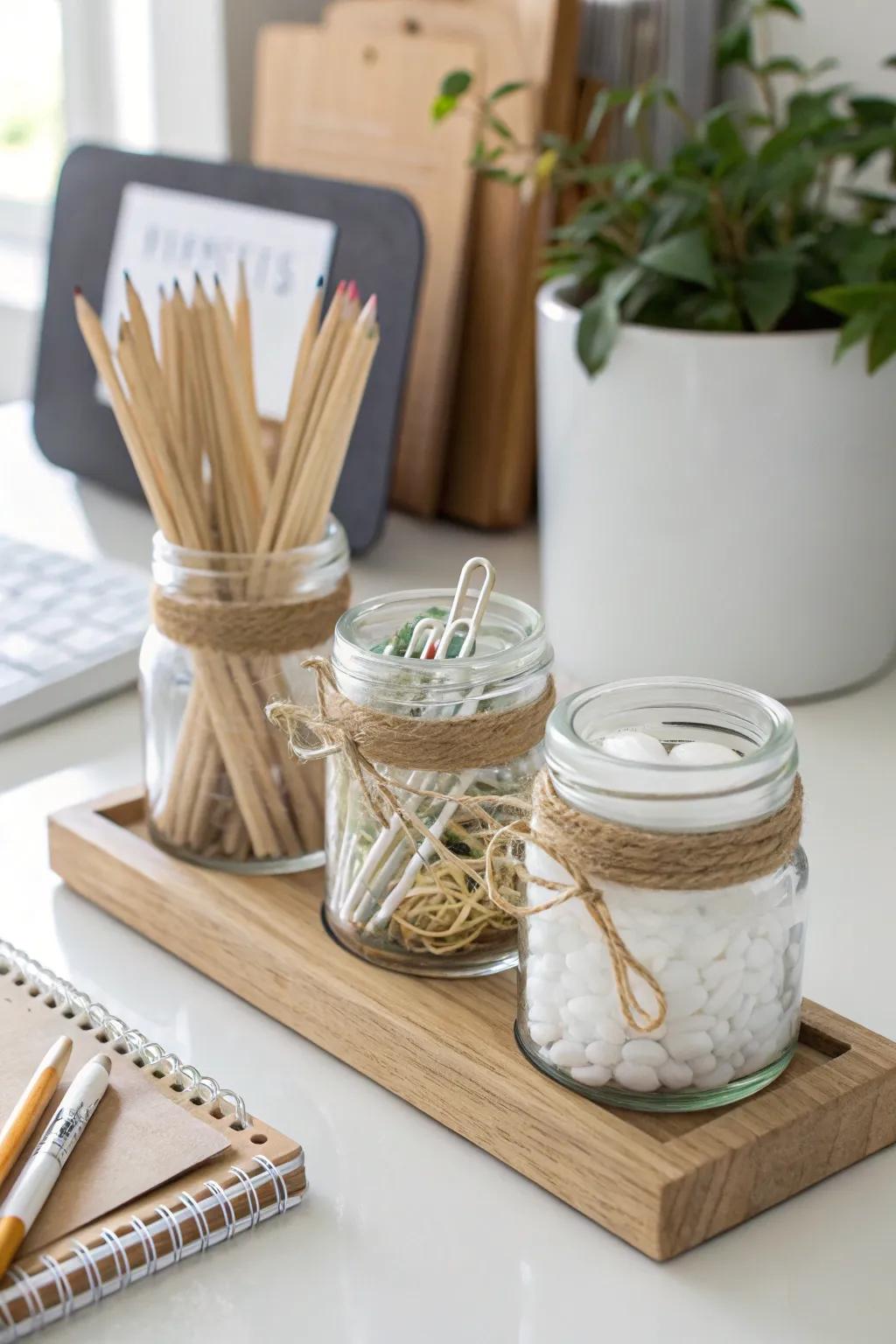 A sleek glass-jar caddy on scrap wood keeps small desk supplies tidy in any tiny space.