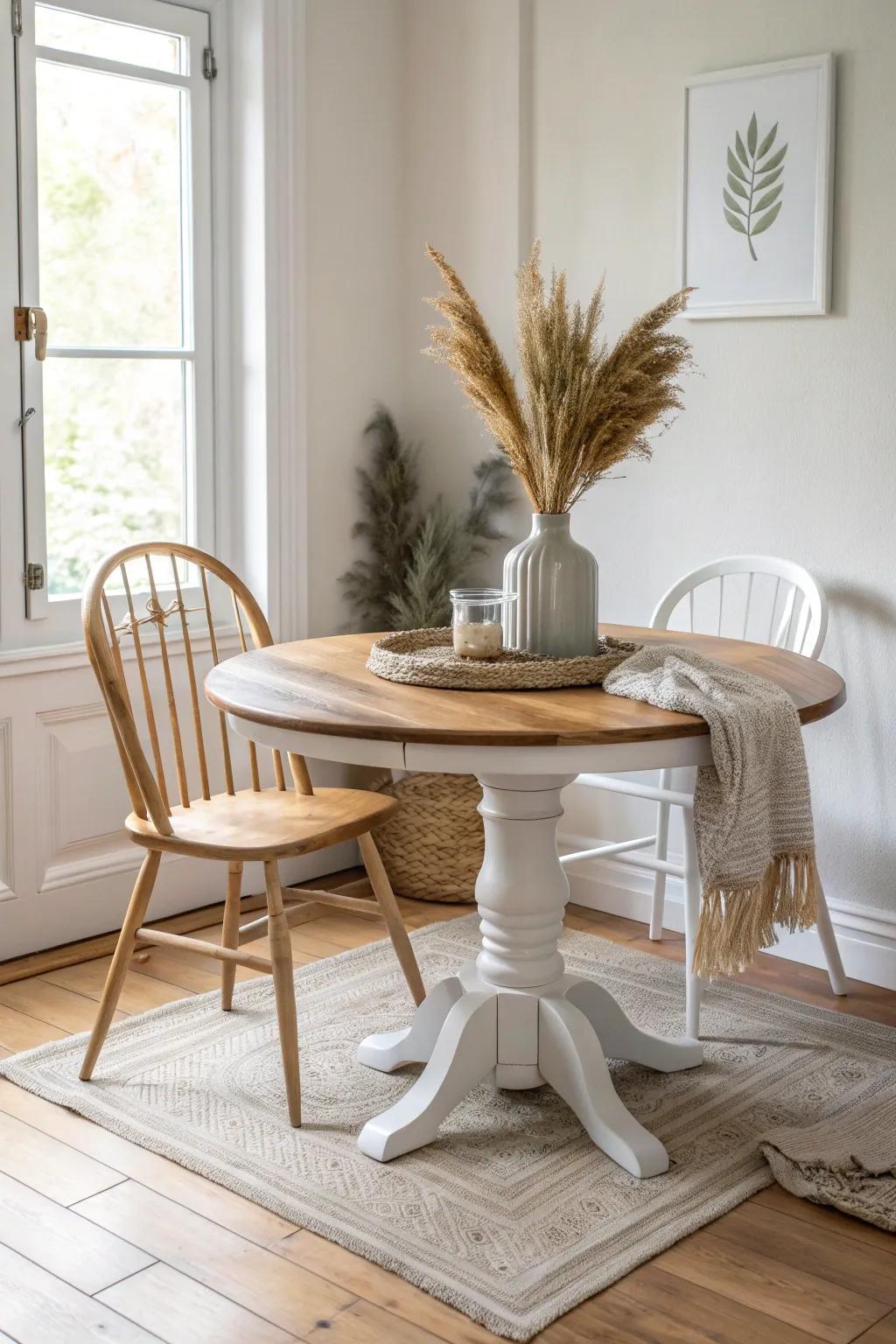 Classic two-tone dining table: painted base + warm stained top for instant cozy style.