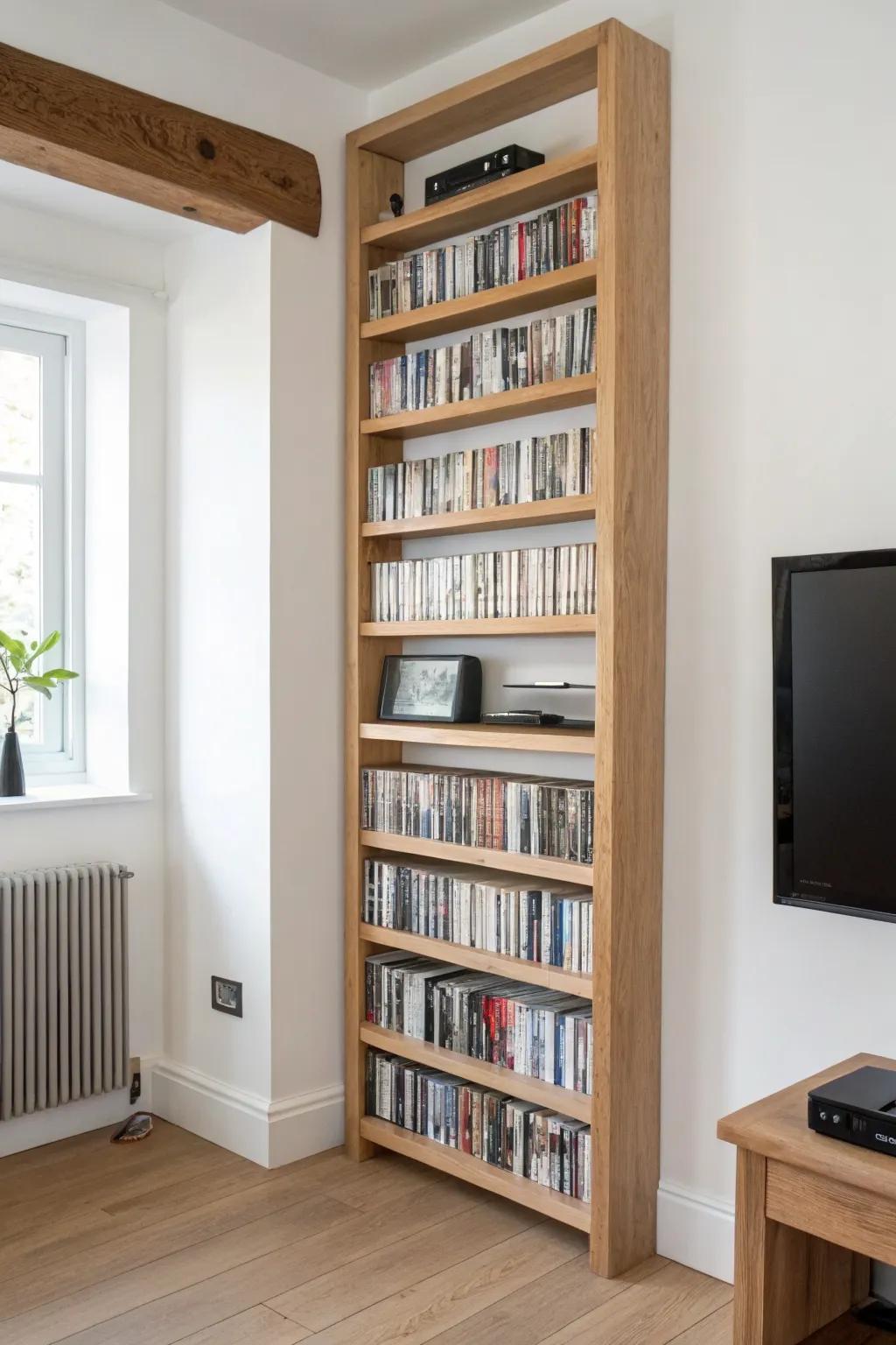 Slim floor-to-ceiling DIY DVD wall: light oak shelves storing a huge collection in one calm column.