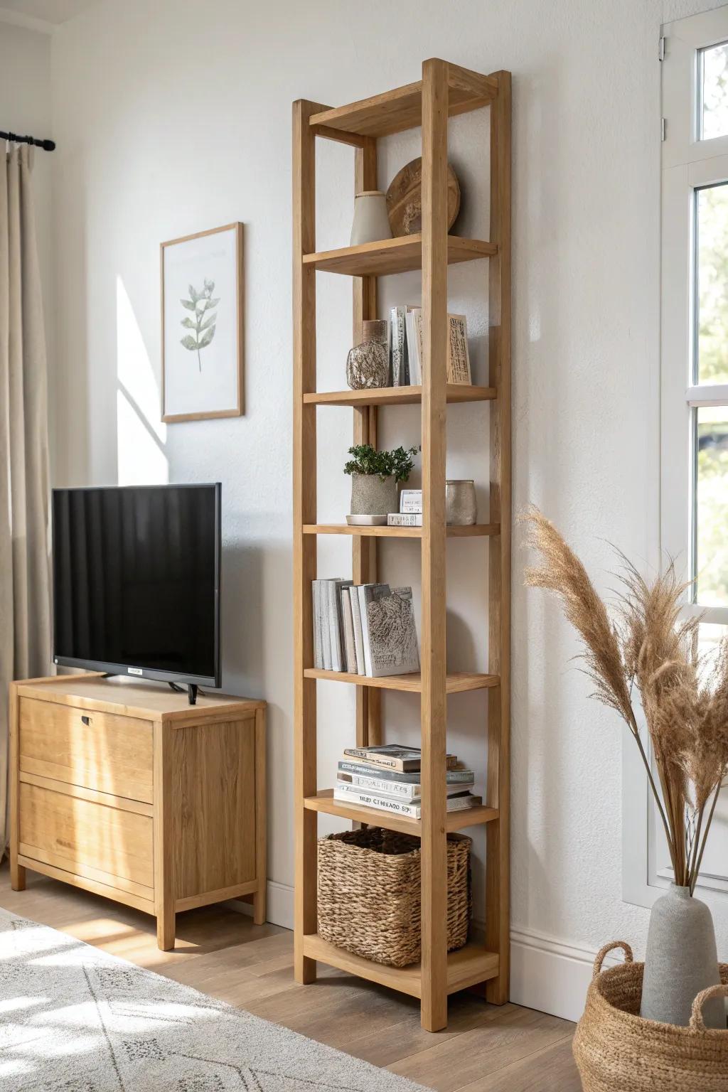 One bookcase tower for instant built-in vibes—symmetry, storage, and calm in small spaces.