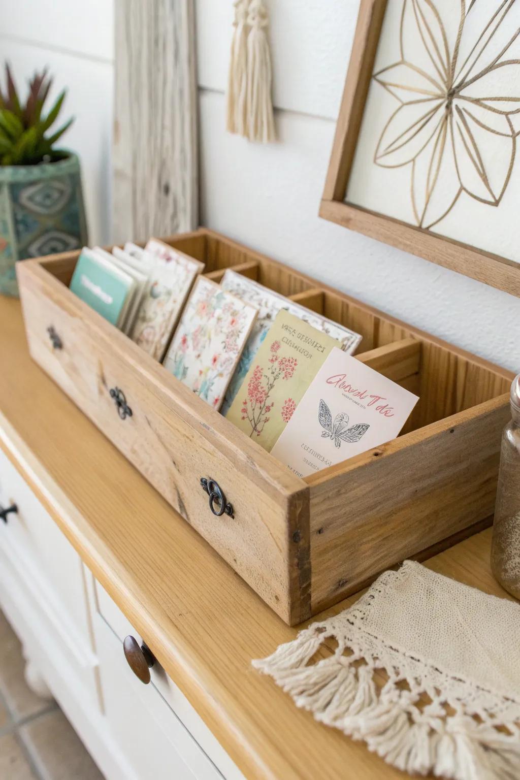 Upcycle with style: Transform wooden drawers into charming card displays for a touch of rustic elegance.