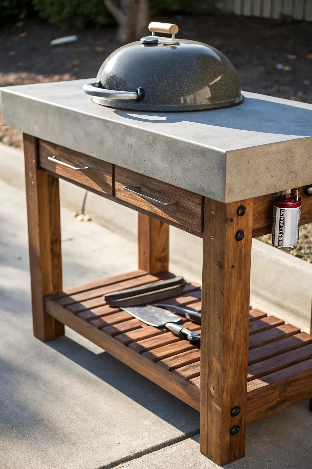 Master the art of grilling with this sleek, handcrafted concrete top cart – where durability meets style.