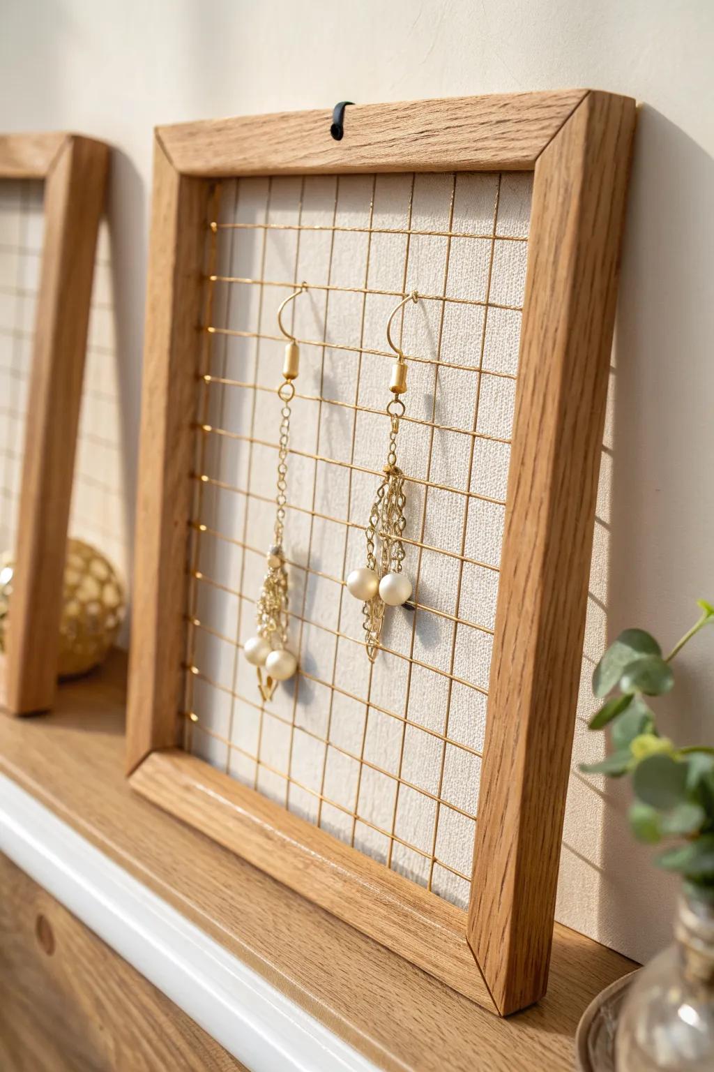 Turn an old frame into a chic mesh earring board—every dangle pair visible at a glance.