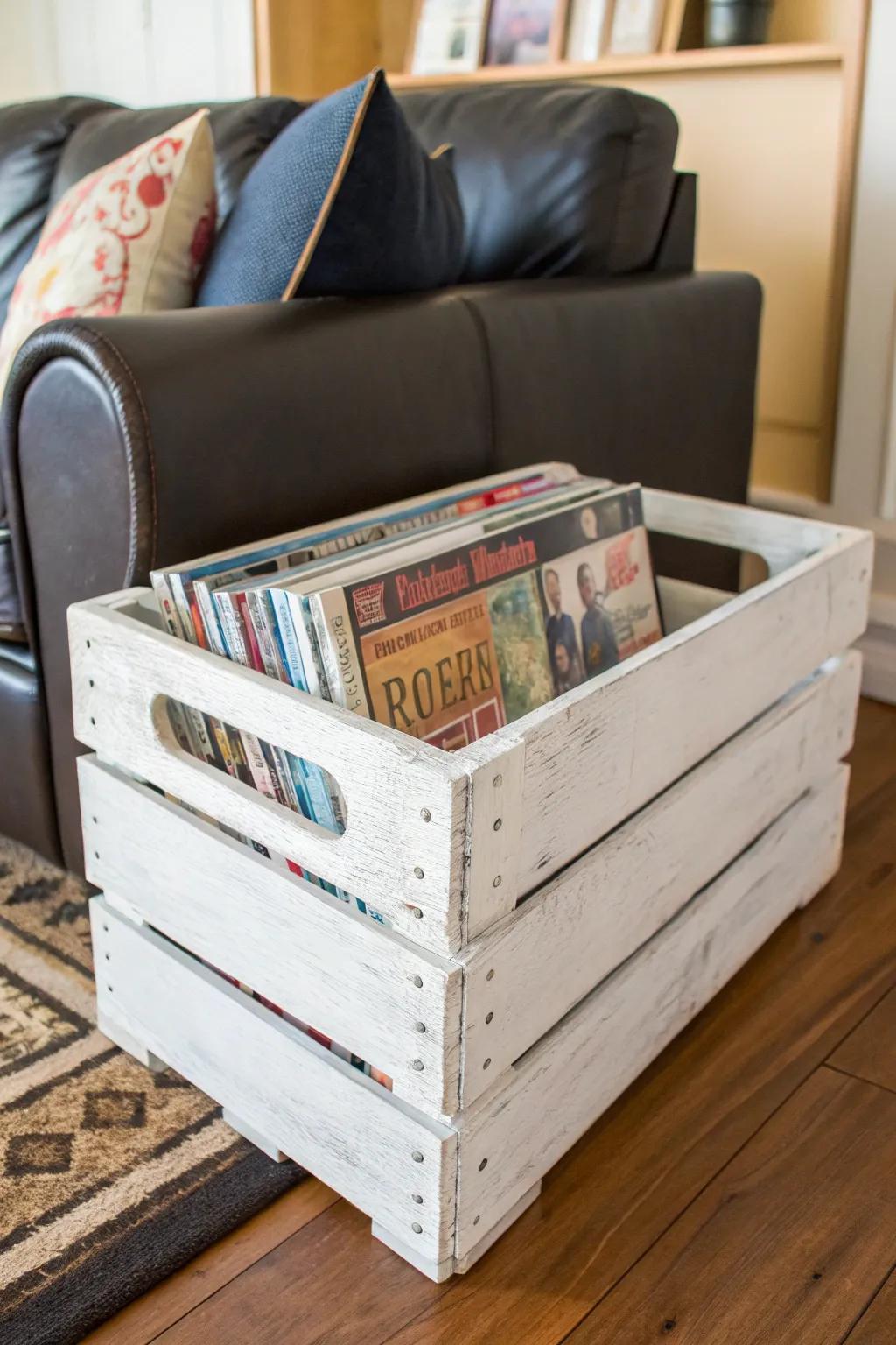Transform a rustic crate into a chic magazine holder for a touch of handcrafted charm.