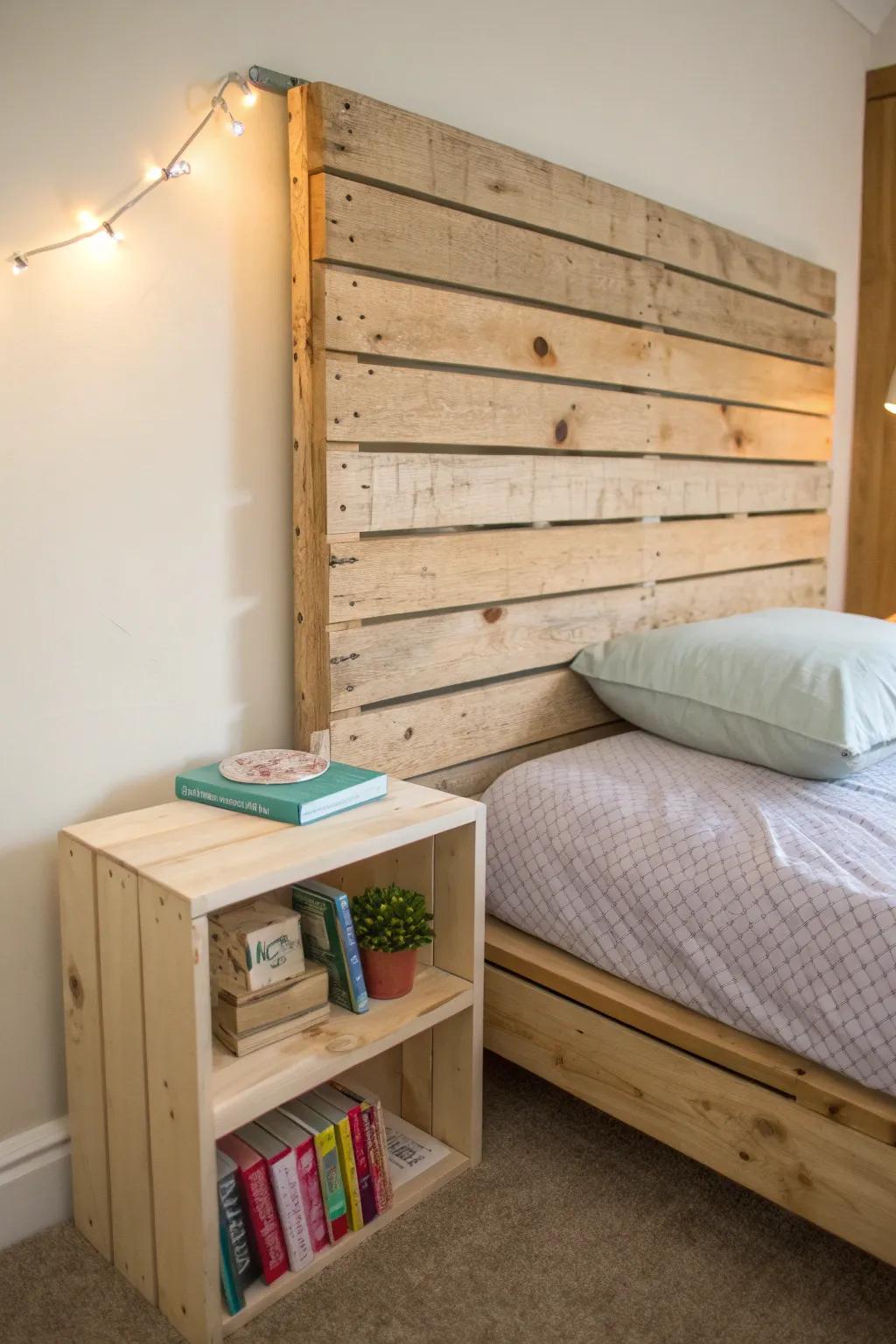 Pallet headboard with a slim ledge—adds charm and book storage without a bulky nightstand.