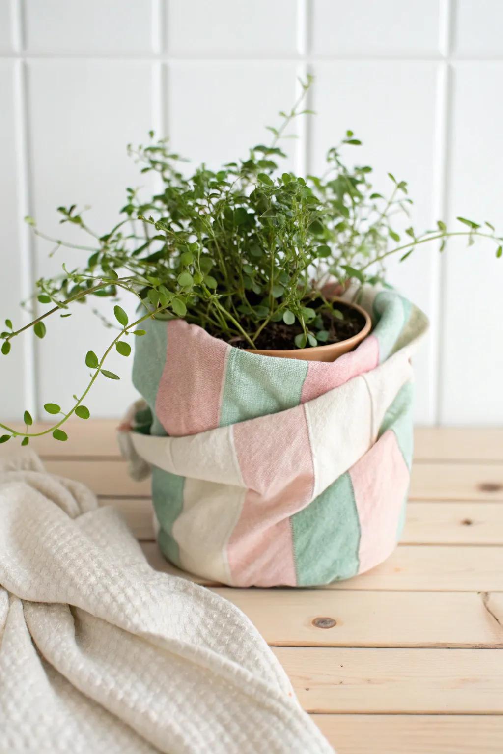 Transform your space with a touch of bohemian charm: DIY fabric wrapped plant pots.