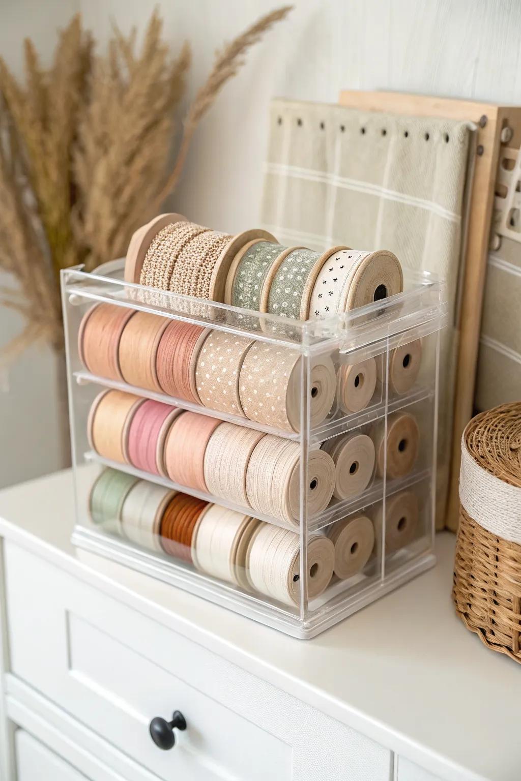See every ribbon at a glance—clear bin + dowels turns spools into a tidy dispenser.