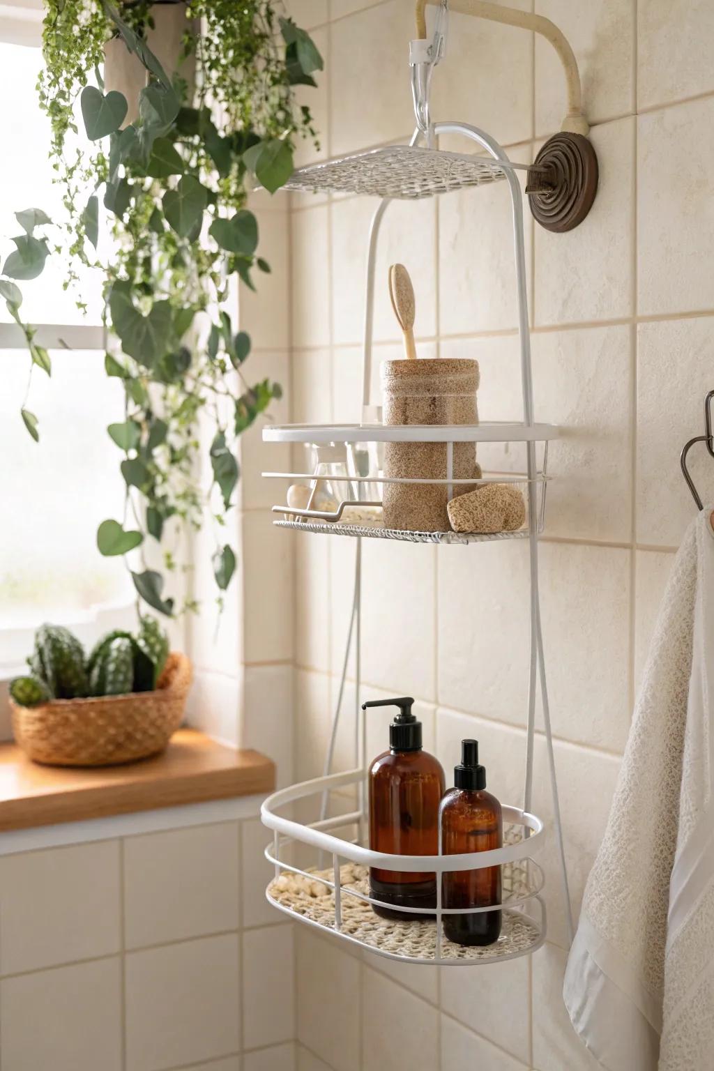 DIY over-the-showerhead wire caddy with rattan baskets—minimal, sturdy, and spa-like.