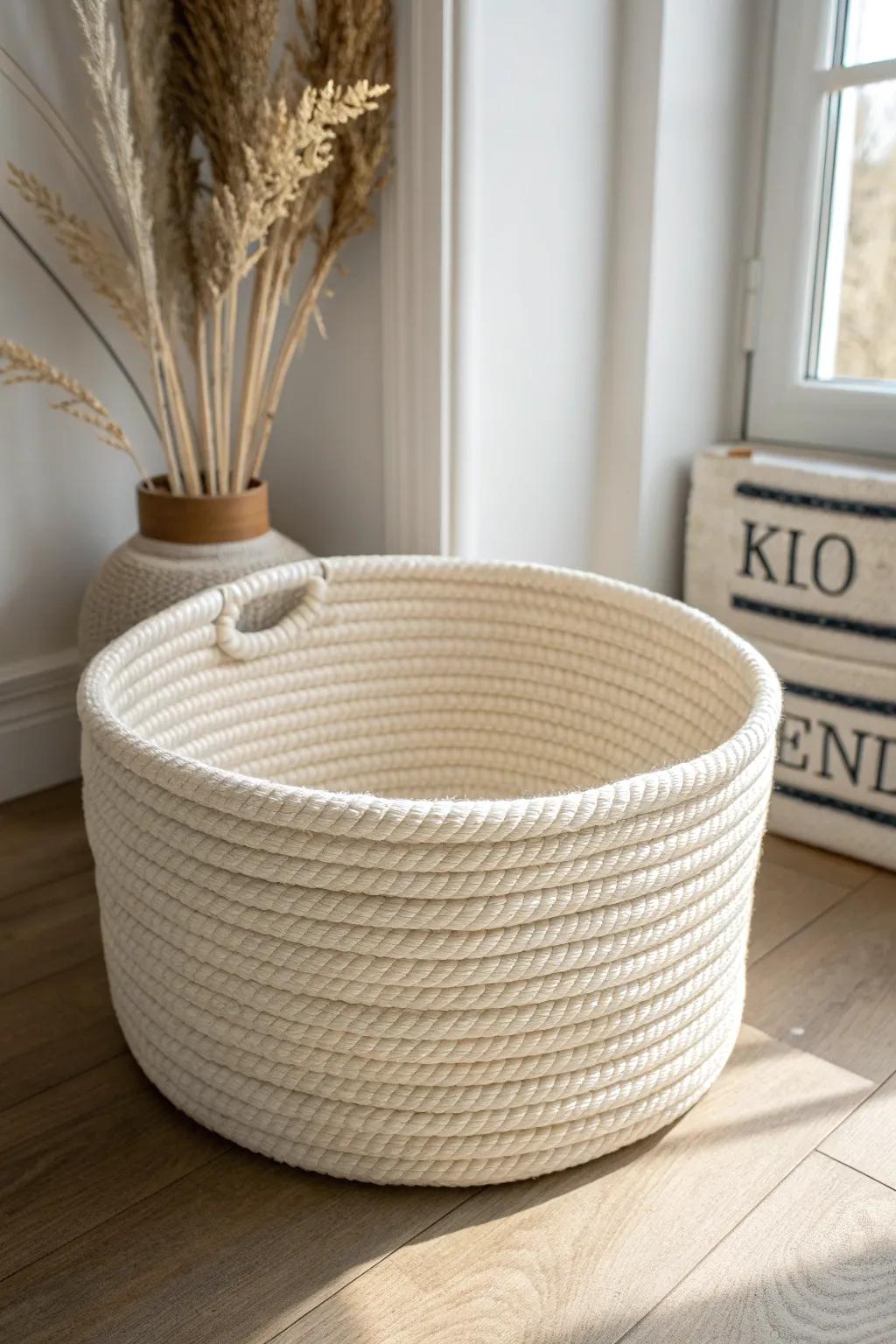 No-sew rope basket with glue—minimal, boho-soft, and perfect for stashing hats by the door.