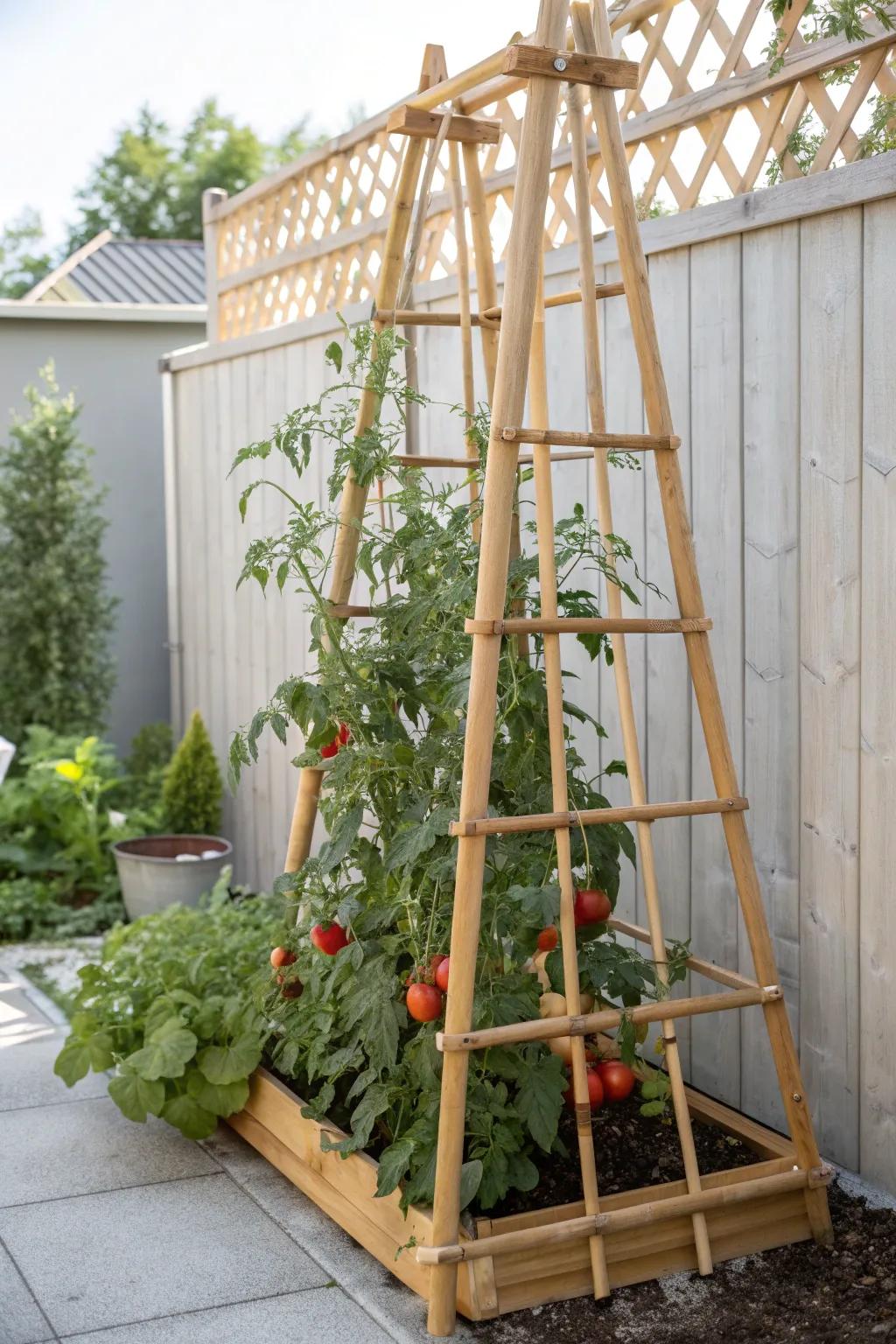 Elevate your garden with a touch of rustic elegance: DIY bamboo trellis for thriving tomato plants.