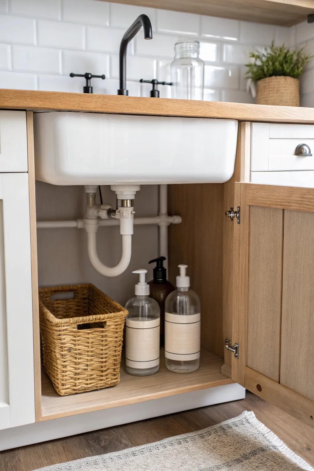 A simple tension rod turns under-sink chaos into a tidy hanging spot for spray bottles.