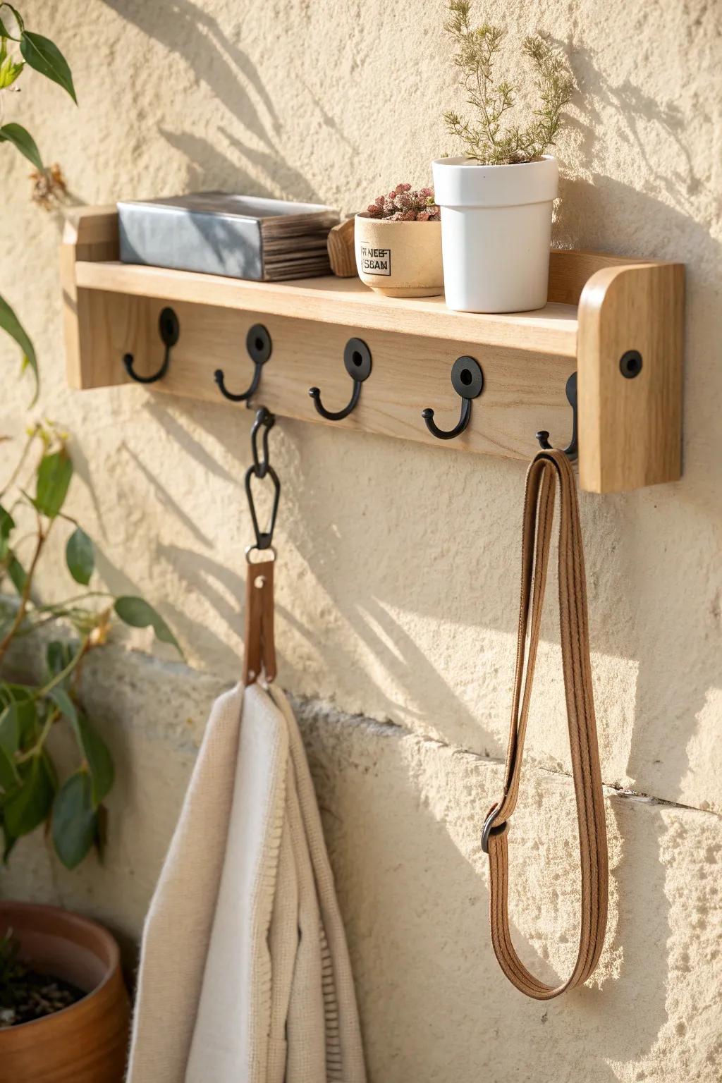 A tiny shelf-and-hooks command center that keeps leashes, bags, and treats beautifully tidy.