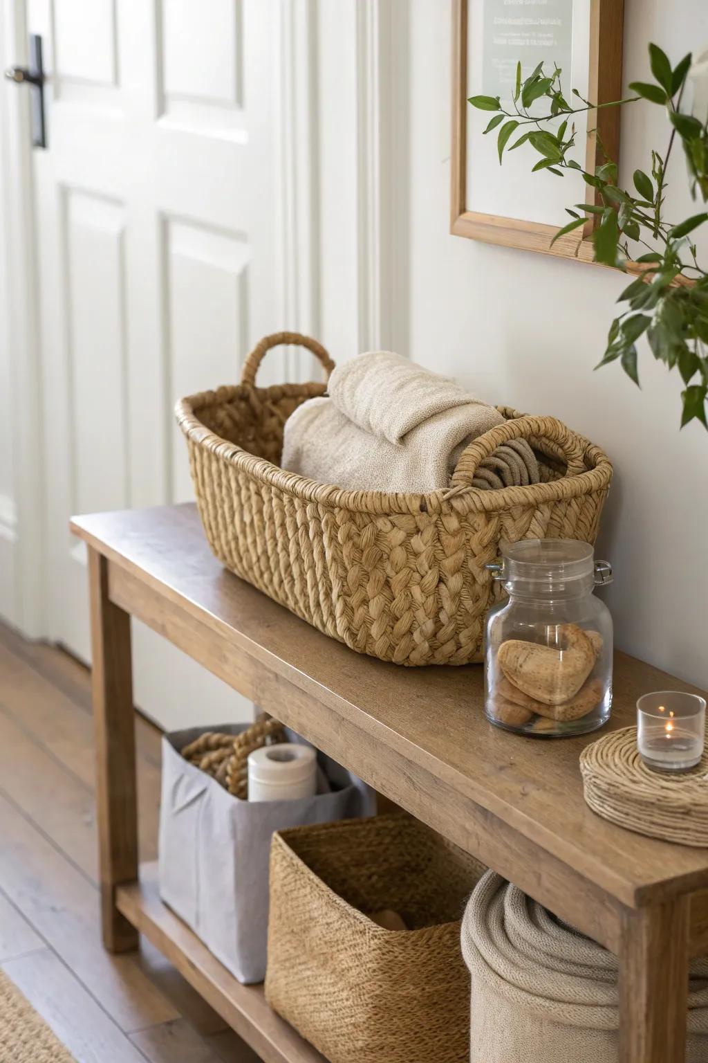 A pretty doorside basket that keeps bags, treats, and a towel ready for every walk.