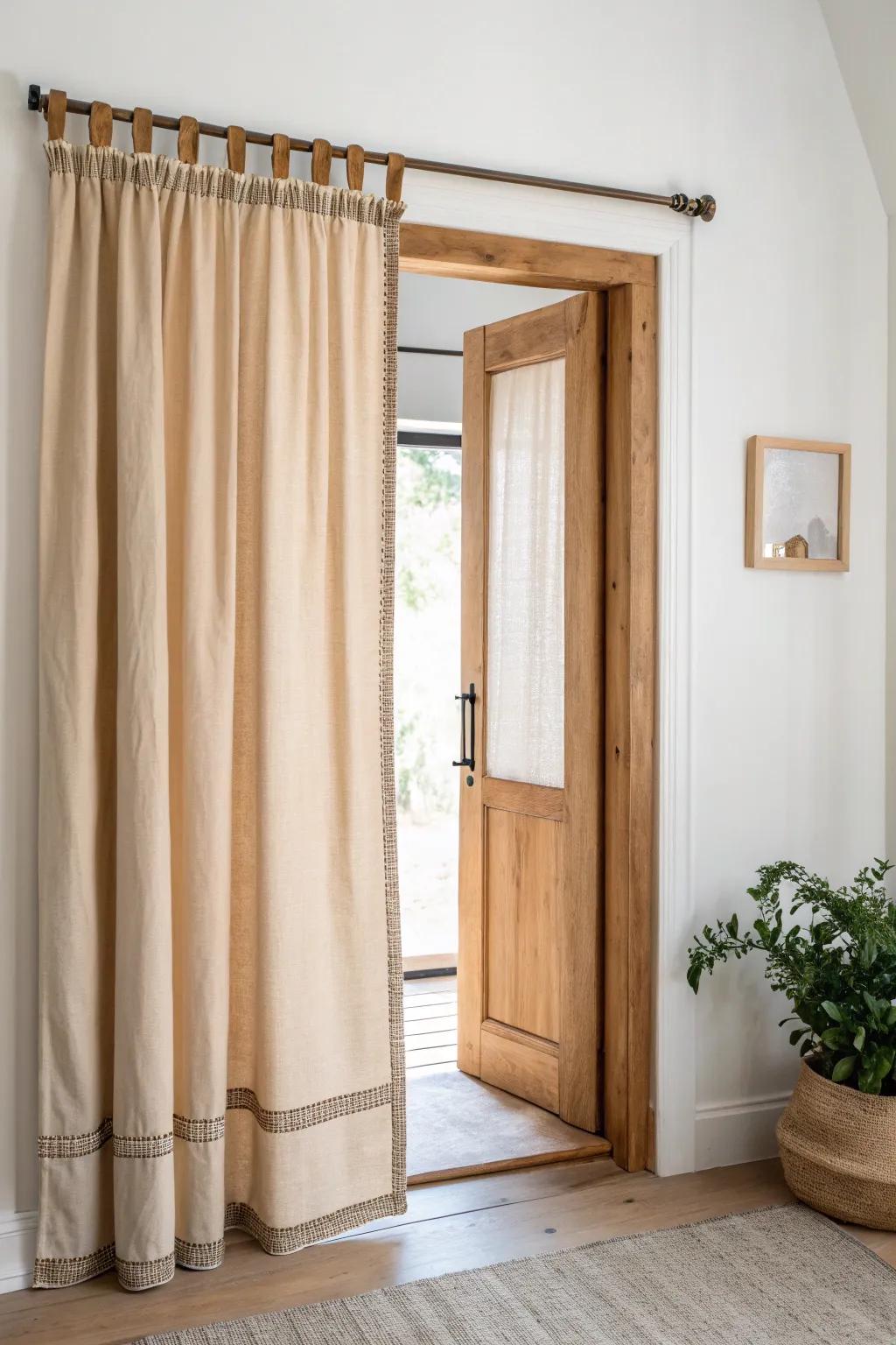 Renter-friendly doorway curtain: a linen panel on a tension rod—no drill, all style.