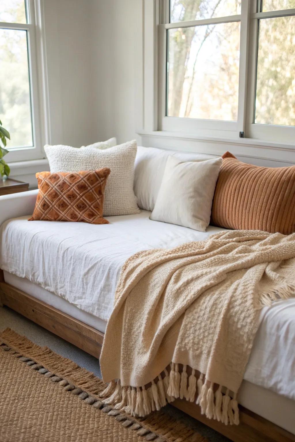 Layer sheets, duvet, knit throw, and textured pillows to make a dorm bed feel like a sofa.