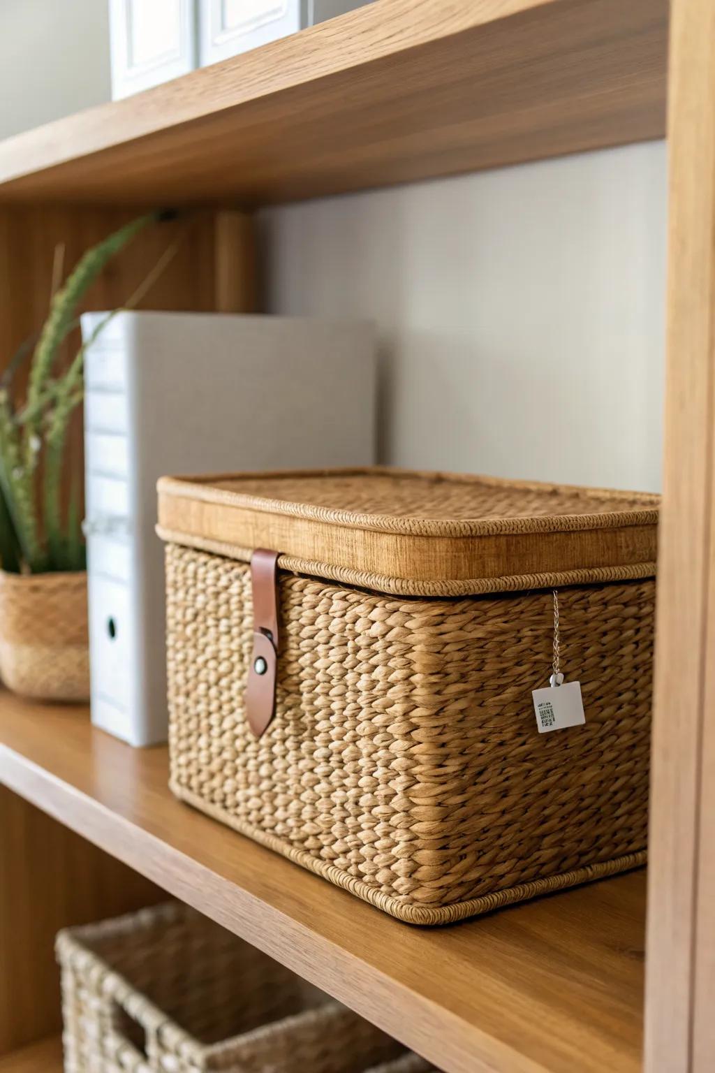 Matching bins on the hutch turn dorm-desk clutter into calm, intentional storage in minutes.
