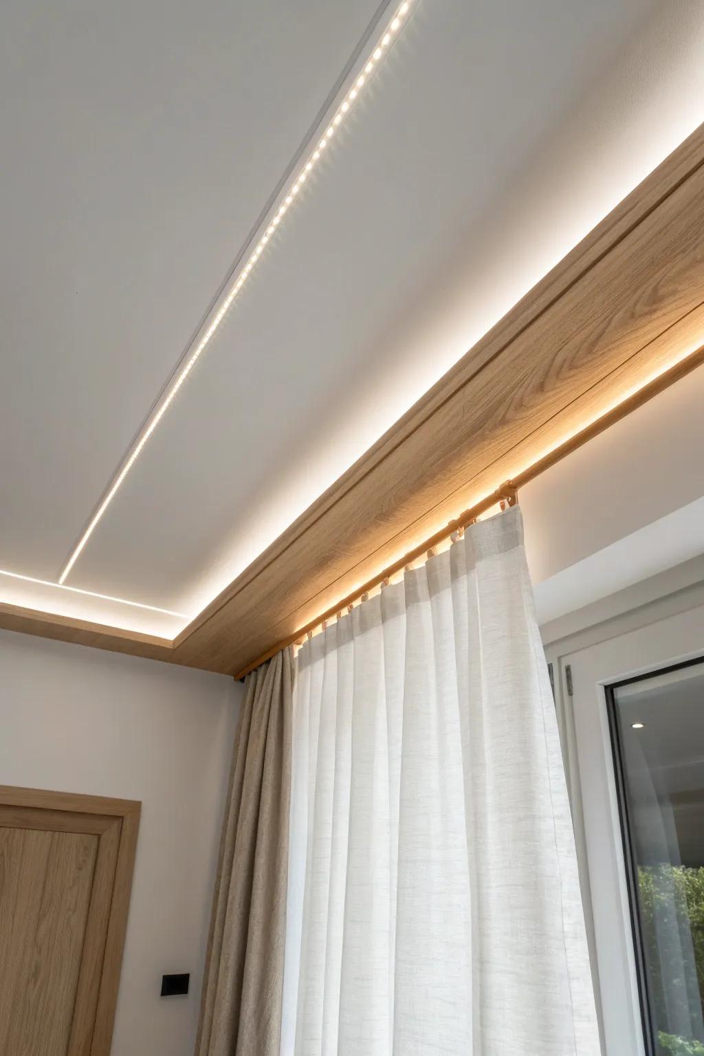 LED strips at the ceiling edge create a taller feel and a soft, dreamy dorm glow.