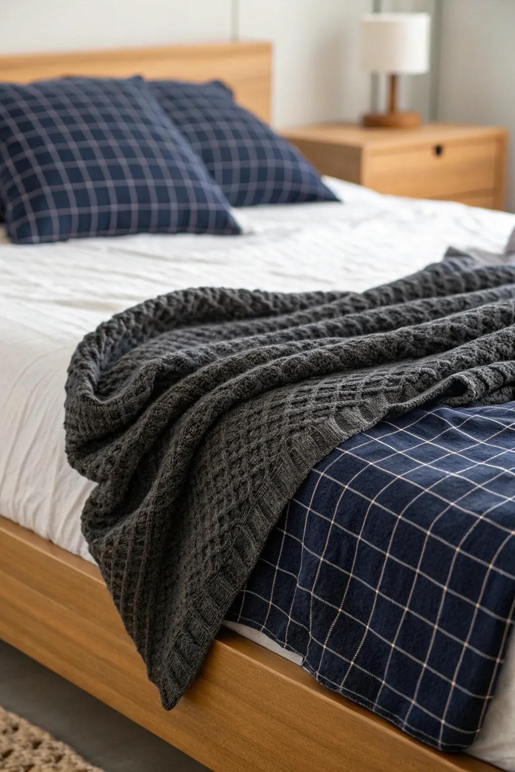 Layer dark plaid bedding with one textured throw—clean, masculine, and dorm-mess proof.