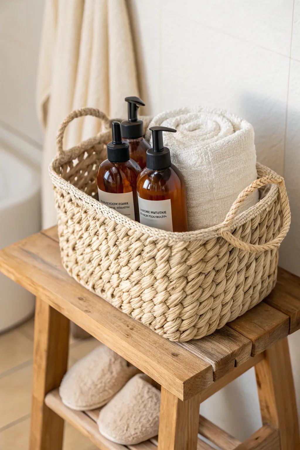 Dorm-ready shower caddy set: bottles, quick-dry towel, and slides—pretty and practical.