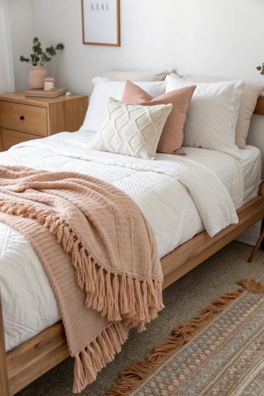 Dorm room bedding inspo: layer linen + chunky knit, add 2 statement pillows—cozy, not cluttered.
