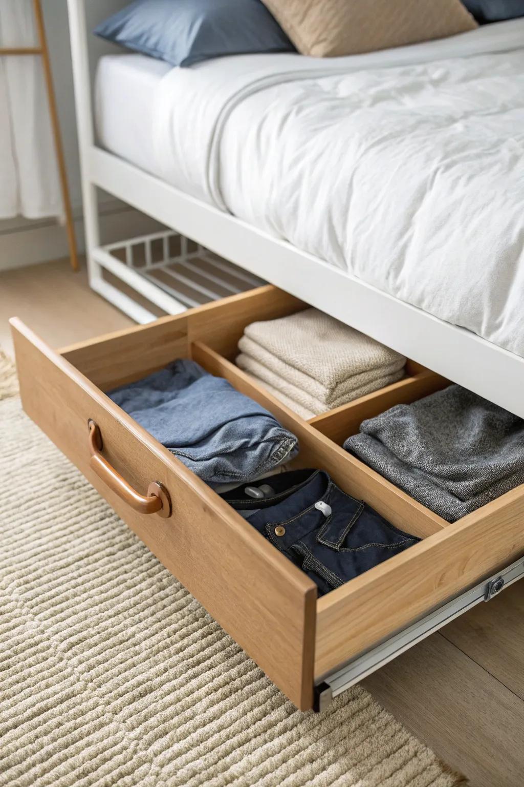 Turn under-bed storage into a second closet—one sleek drawer, zero dorm chaos today.