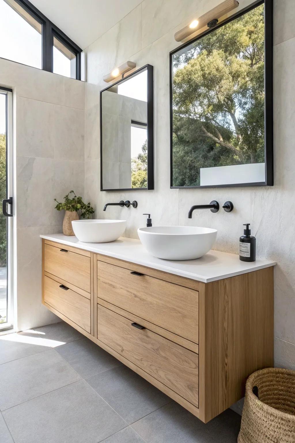 Two sinks, one wall: a slim floating double vanity that keeps small baths feeling open.