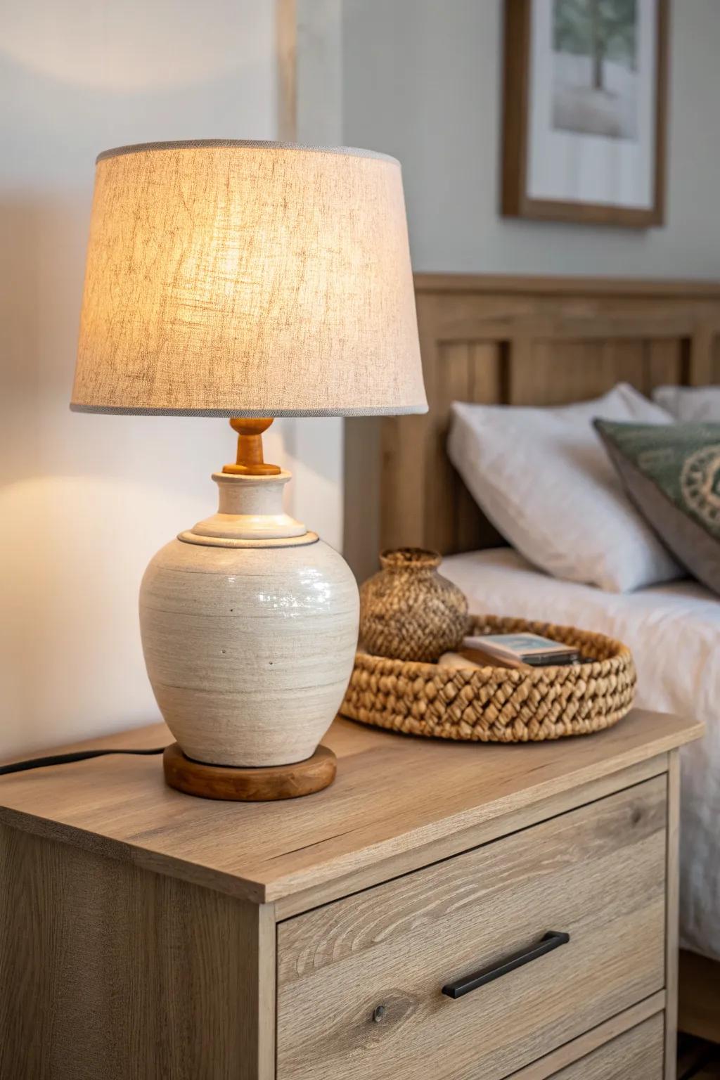 A warm table lamp adds cozy height to drawer decor—soft light, zero floor space.