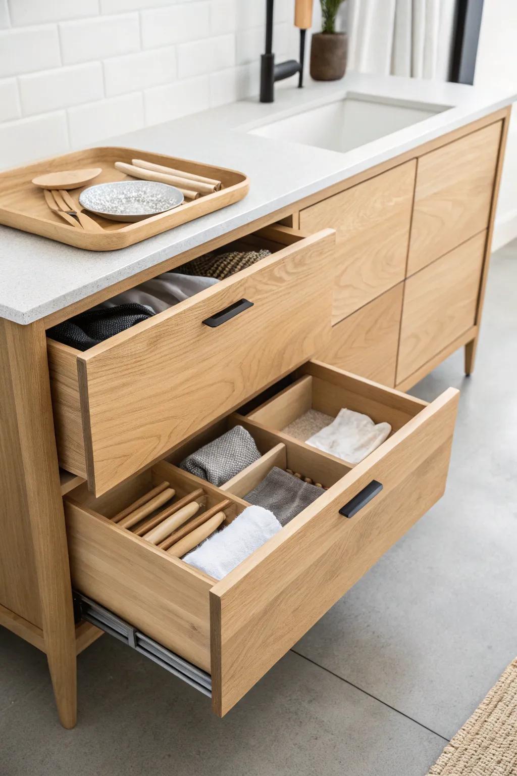 Full-extension base drawer: every inch accessible—no more crouching to reach the back.