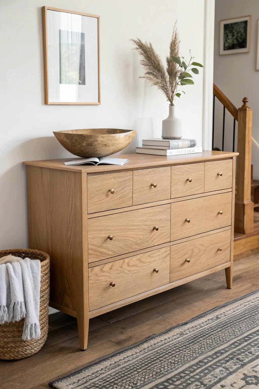 A dresser-turned-landing strip: keys up top, hats and totes tucked away—small space perfection.