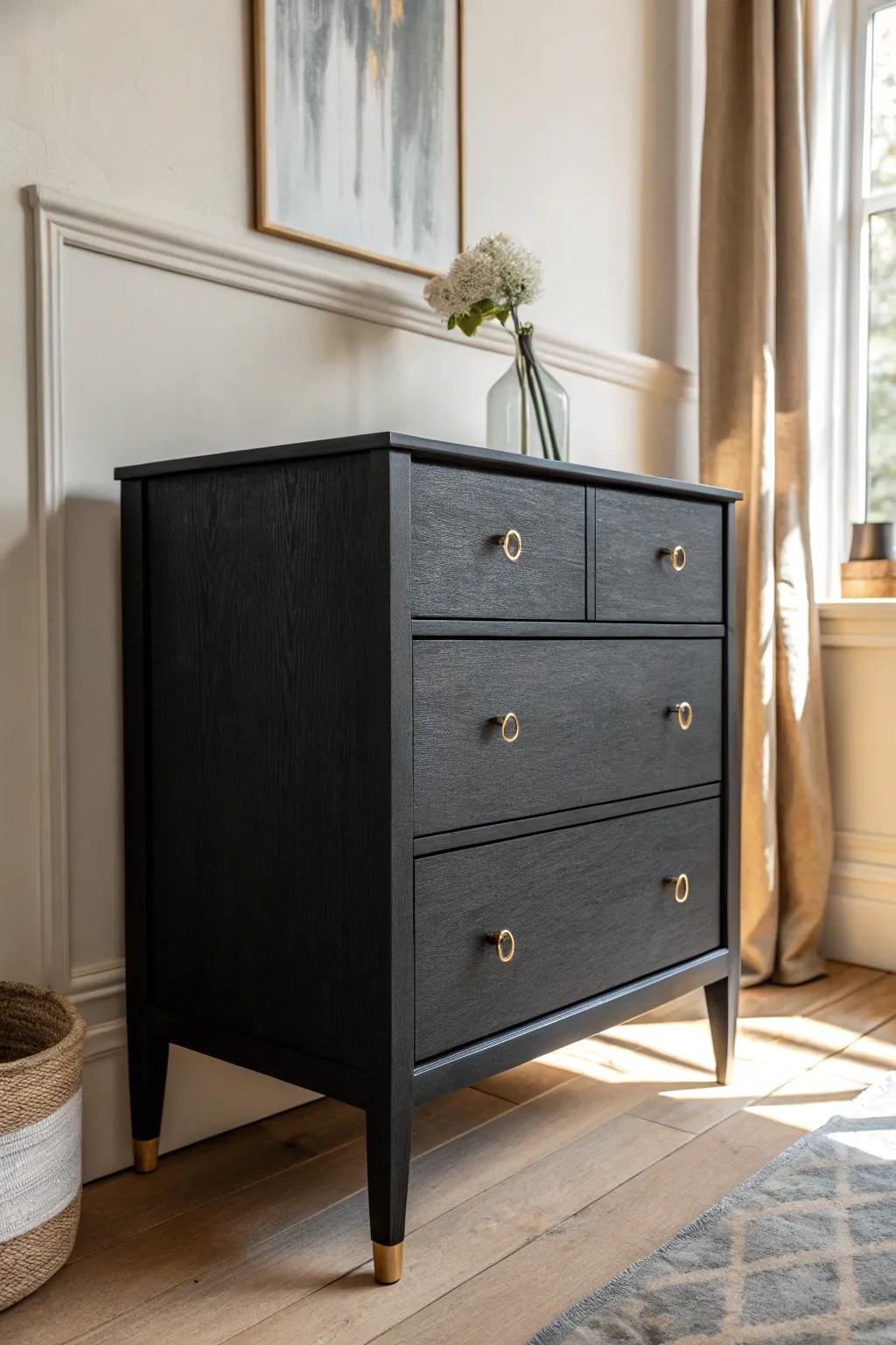 Matte black paint turns a basic dresser into a sleek, high-end focal point—perfect for small rooms.