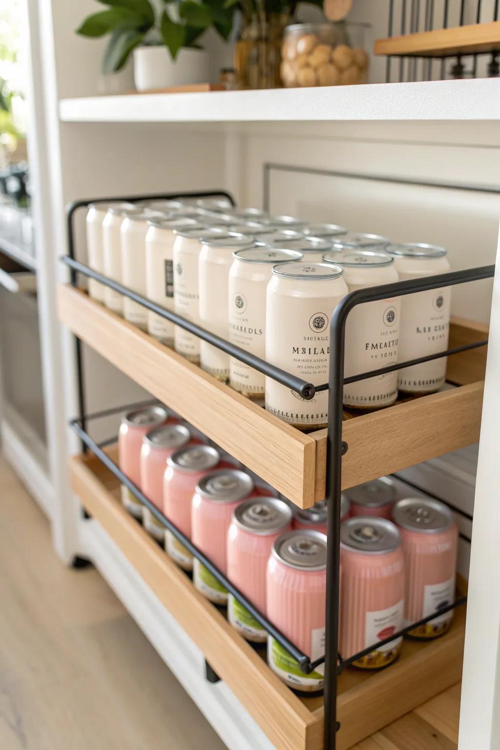 A gravity-fed rolling rack keeps cans visible, tidy, and always ready in deep shelves.