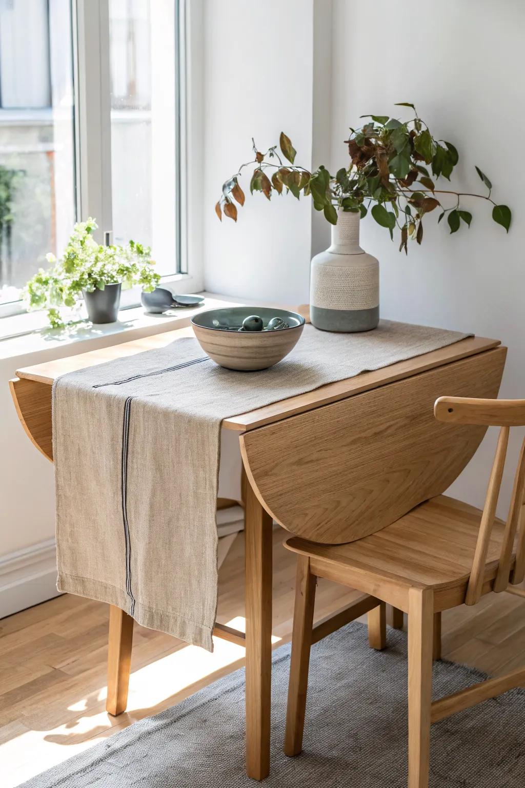 Linen runner + one handcrafted bowl: the easiest, prettiest drop-leaf table centerpiece.