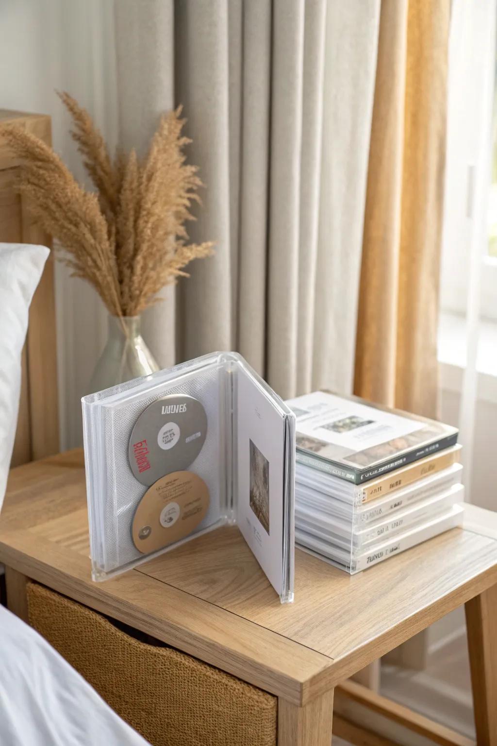 Swap bulky cases for a sleek DVD binder—tiny footprint, tidy sleeves, and inserts kept intact.