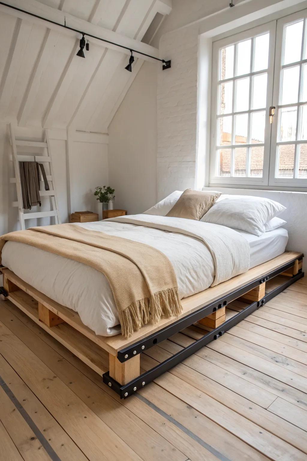 Adjustable E-track bed: low for sleep, raised by day for hidden storage in small spaces.