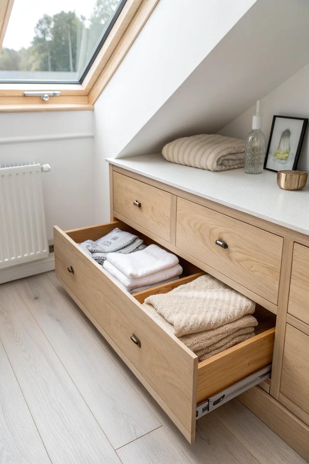 Pull-out drawers under the eaves: effortless access and calm, hidden storage in a tiny attic.