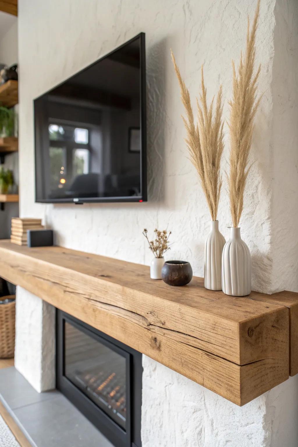 Chunky floating mantel divider adds balance between fireplace and TV, a perfect tiny styling spot.