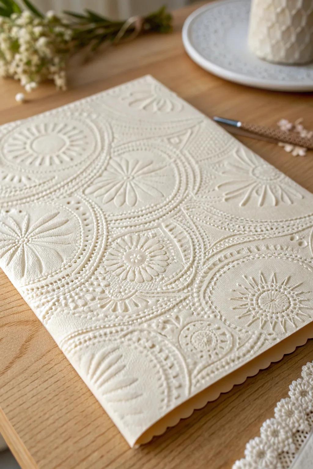 Embrace timeless elegance with intricate lace-like embossing that whispers of vintage sophistication.