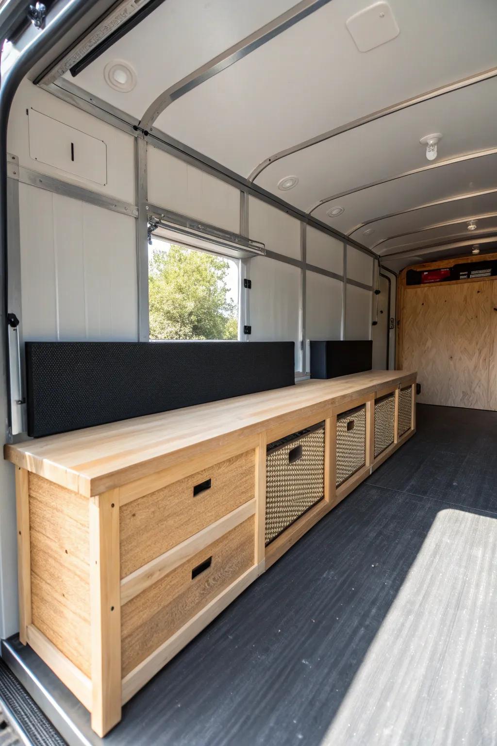 A long side-wall bench keeps the trailer aisle clear and creates calm, organized work zones.
