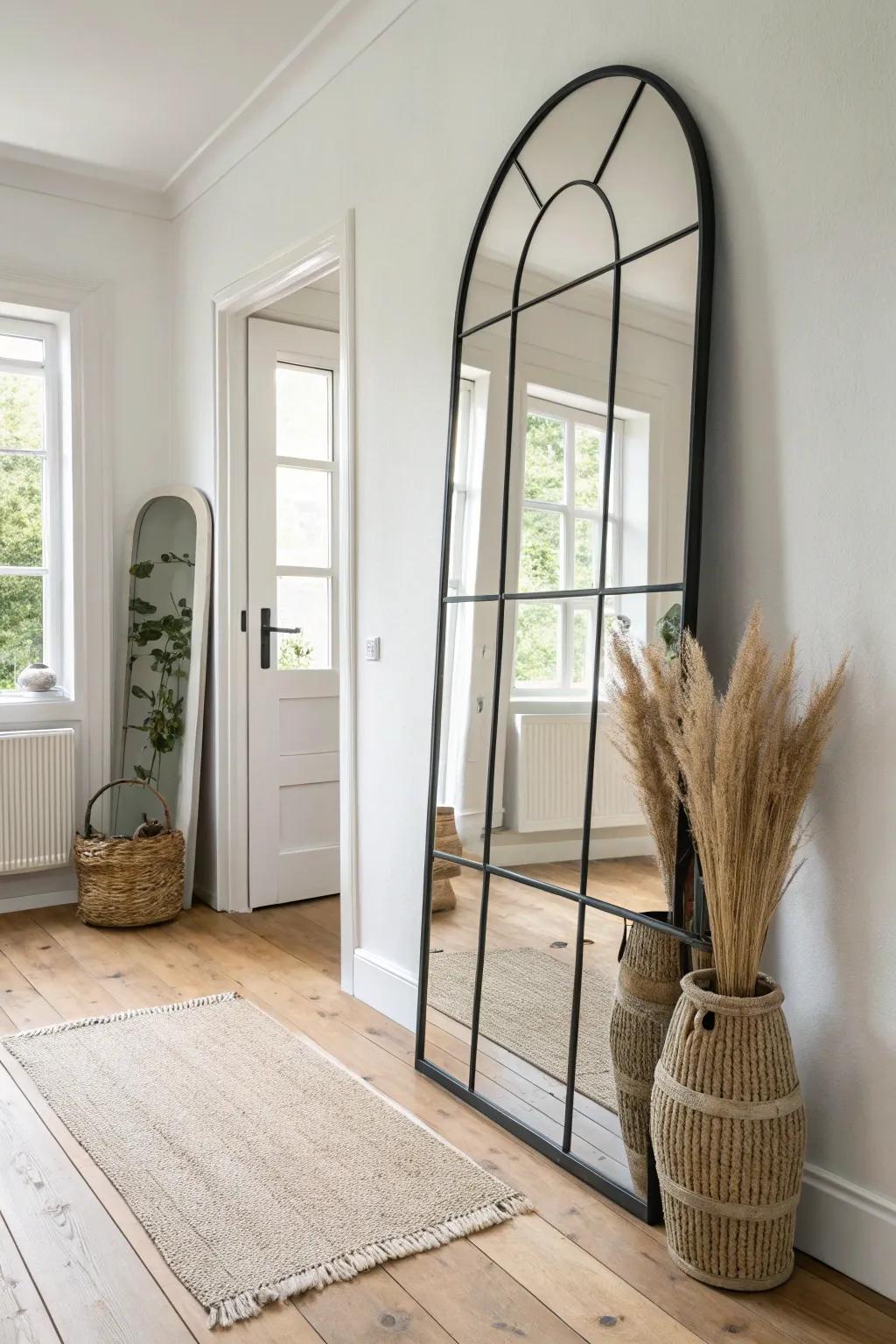 An oversized mirror at the hallway’s end instantly reflects light and makes it feel longer.