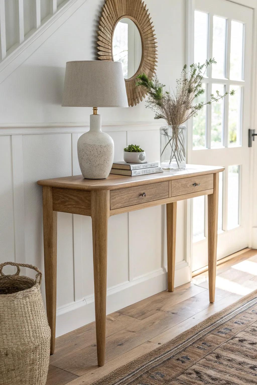 A slim console table creates an entry “home base” without crowding your walkway.