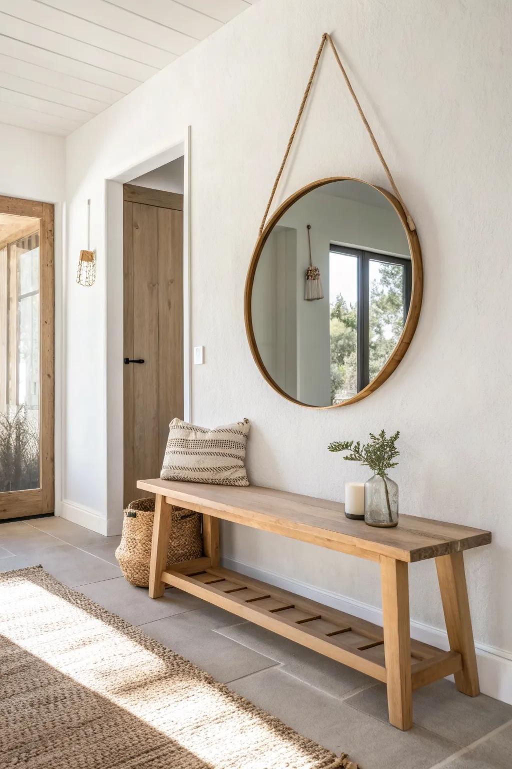 Round mirror + slim wood bench: a light-boosting, space-saving entryway moment.