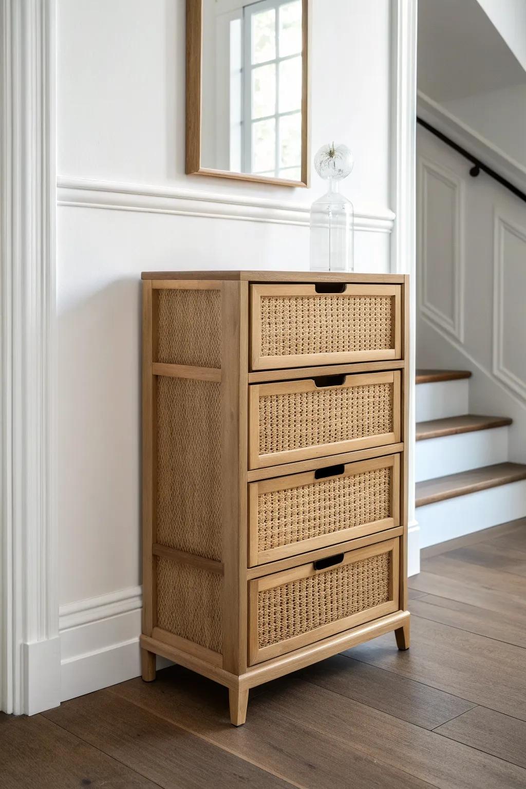 A slim oak entryway chest for narrow hallways—shallow drawers, crafted calm, zero clutter.