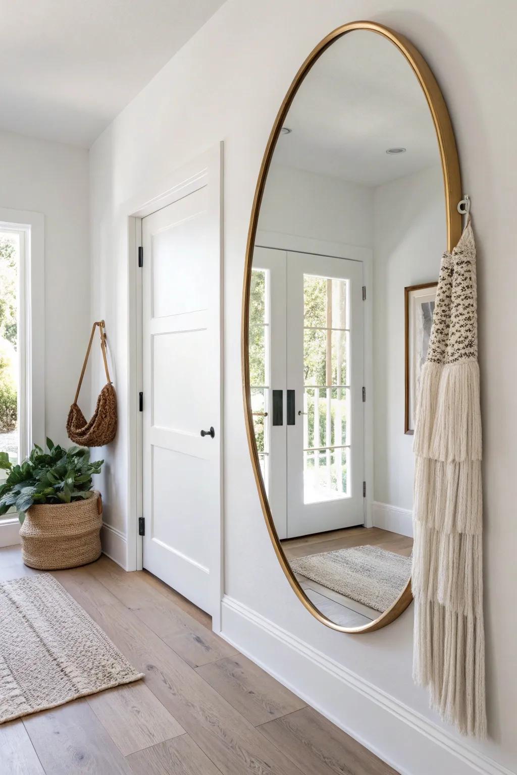 A large mirror opposite the door bounces daylight, making a narrow entry feel instantly wider.