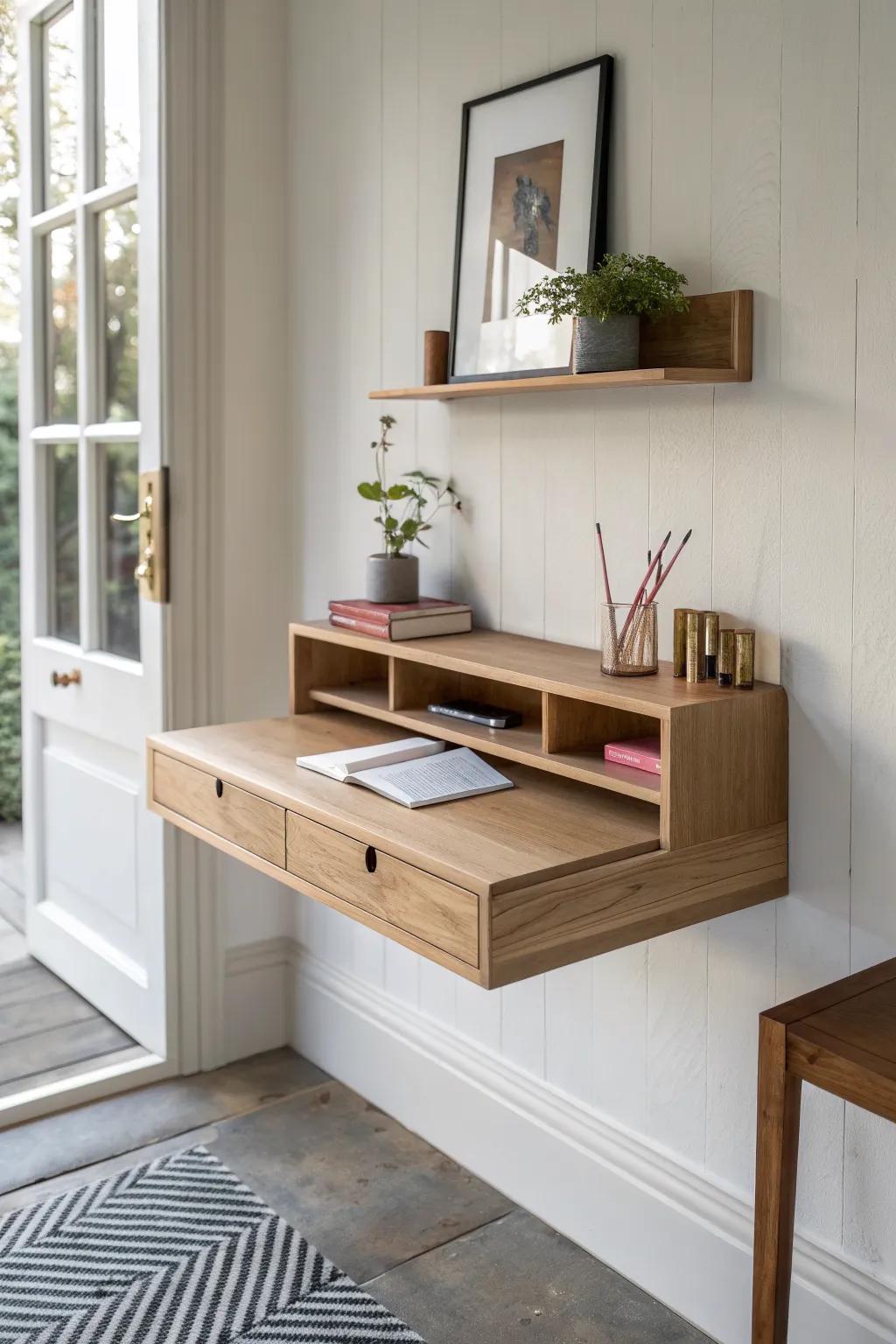 A floating shelf desk makes a slim entryway feel like a calm, clutter-free mini office.