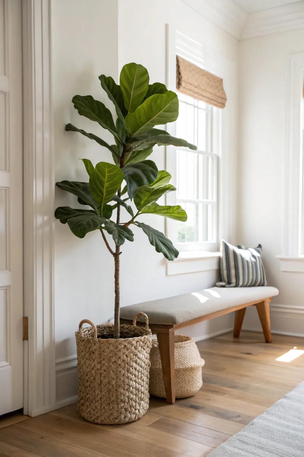 One tall floor plant in the brightest entry corner—instant style without stealing space.