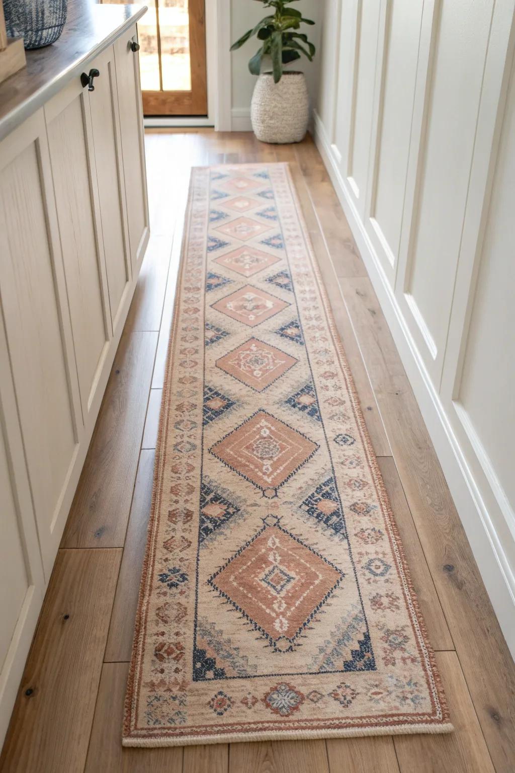 Vintage medallion runner brings collected charm to a narrow entry—and hides everyday dirt beautifully.
