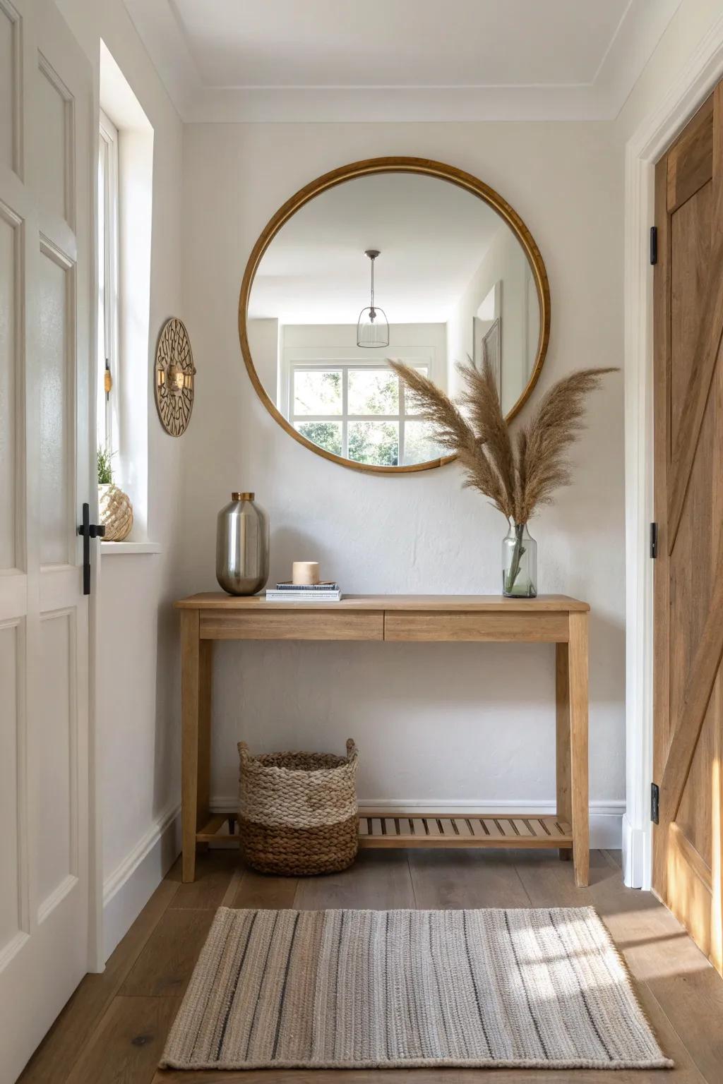 Round mirror + slim oak console: a soft, airy entryway look that brightens tight spaces.