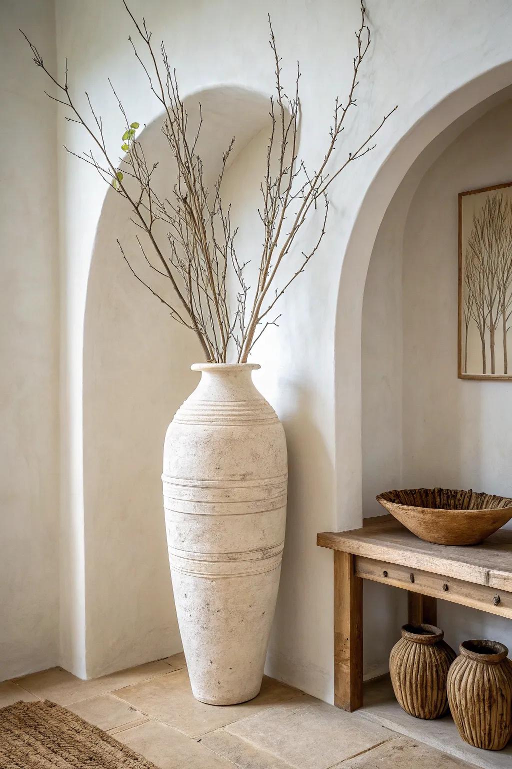 One oversized statement vase turns an entryway niche into a calm, high-impact focal point.