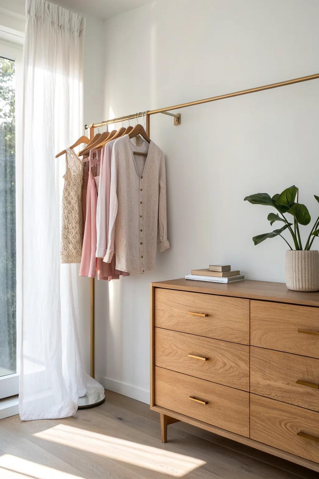 A wall-mounted rod above a low dresser keeps an exposed closet airy, calm, and space-smart.
