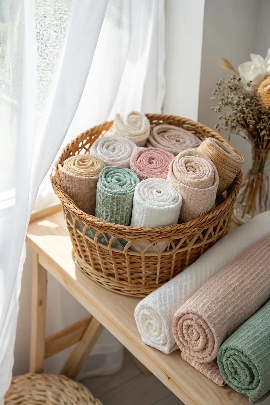 Transform your space with beautifully rolled fabrics—space-saving and stylish!